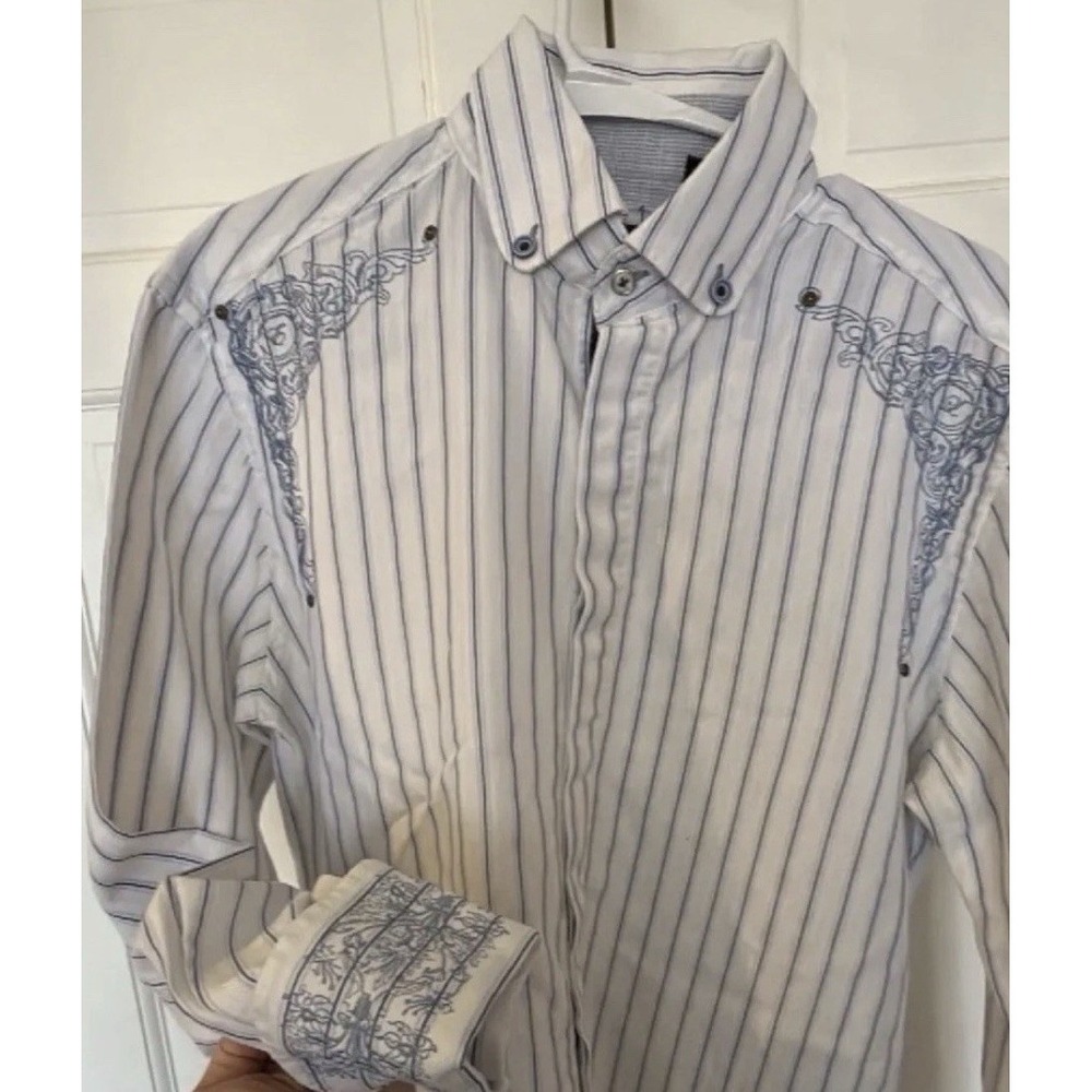 Men's English‎ Laundry Button-Up Long Sleeve W/ Blue Hand Embroidery Sz M